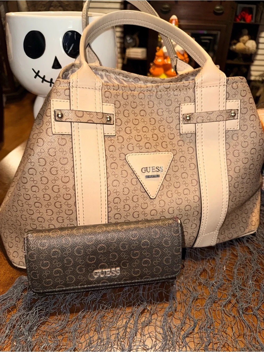 GUESS Beige Monogram Satchel with Matching Brown Monogram Wallet